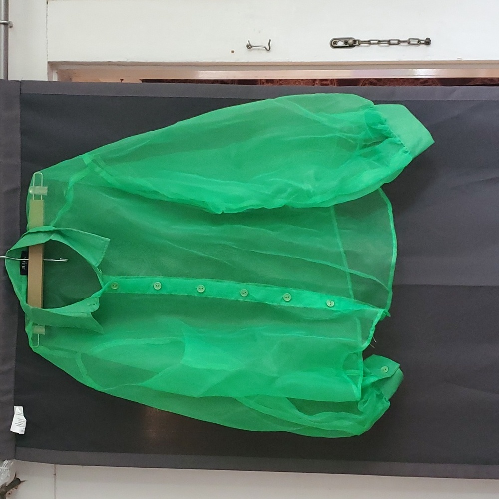 Green sheer button down puffed sleeves